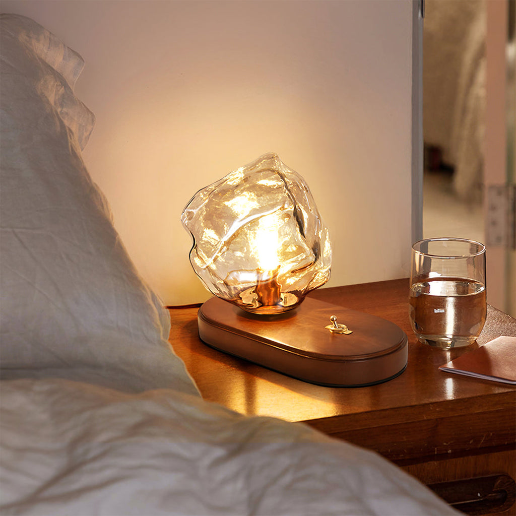 Avtoit | RusticLume – Amber Glass and Wooden Table Lamp