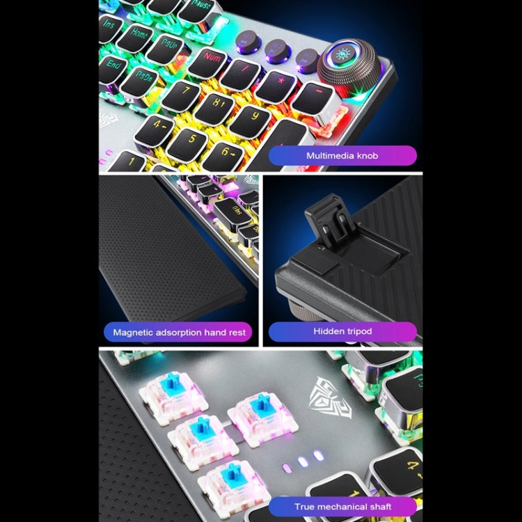 Avtoit | AULA F2088 108 Keys Mixed Light Plating Punk Mechanical Brown Switch Wired USB Gaming Keyboard with Metal Key (Silver)