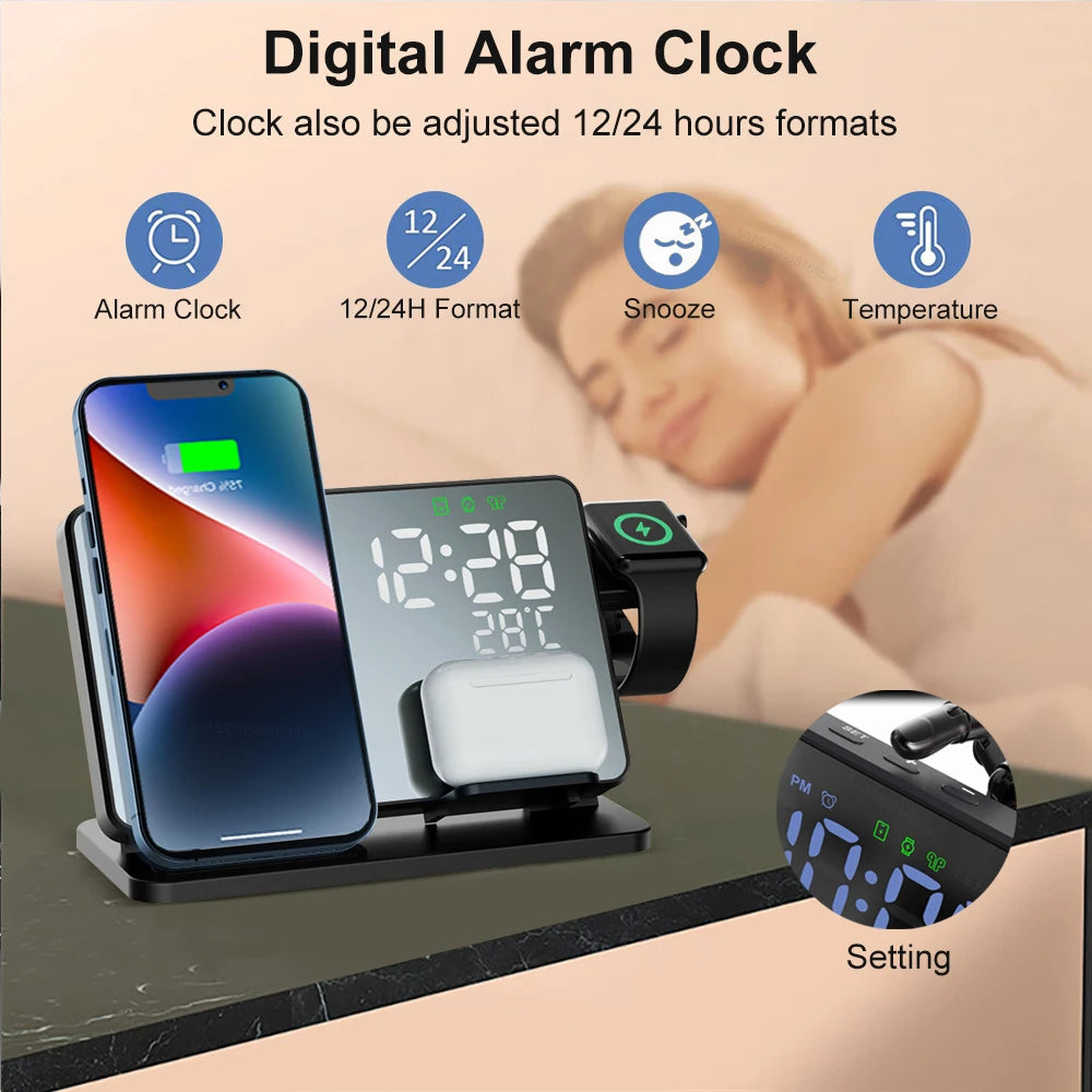 Avtoit | 3-in-1 Quick Charge Station | Premium Wireless Fast Charging Docking Station with Alarm Clock | for Apple iPhone, Watch & AirPods