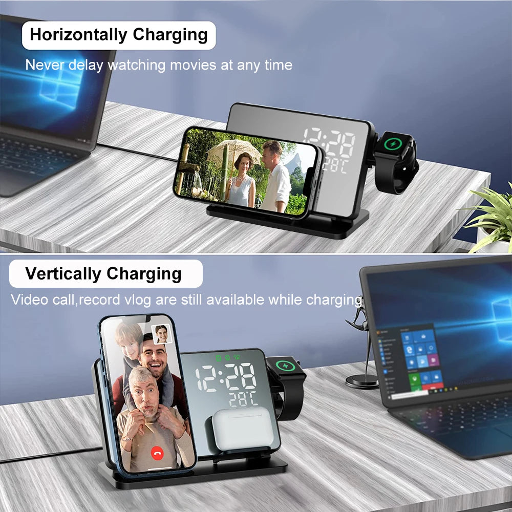 Avtoit | 3-in-1 Quick Charge Station | Premium Wireless Fast Charging Docking Station with Alarm Clock | for Apple iPhone, Watch & AirPods