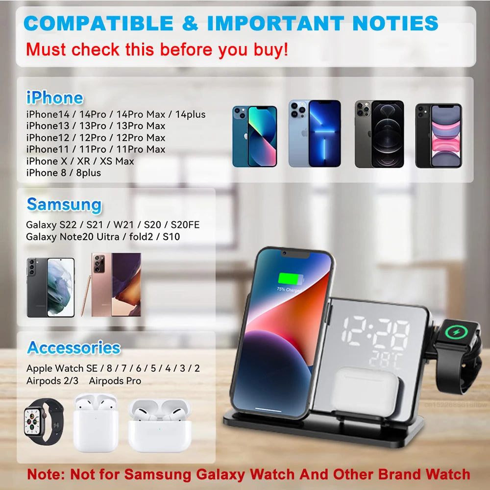 Avtoit | 3-in-1 Quick Charge Station | Premium Wireless Fast Charging Docking Station with Alarm Clock | for Apple iPhone, Watch & AirPods