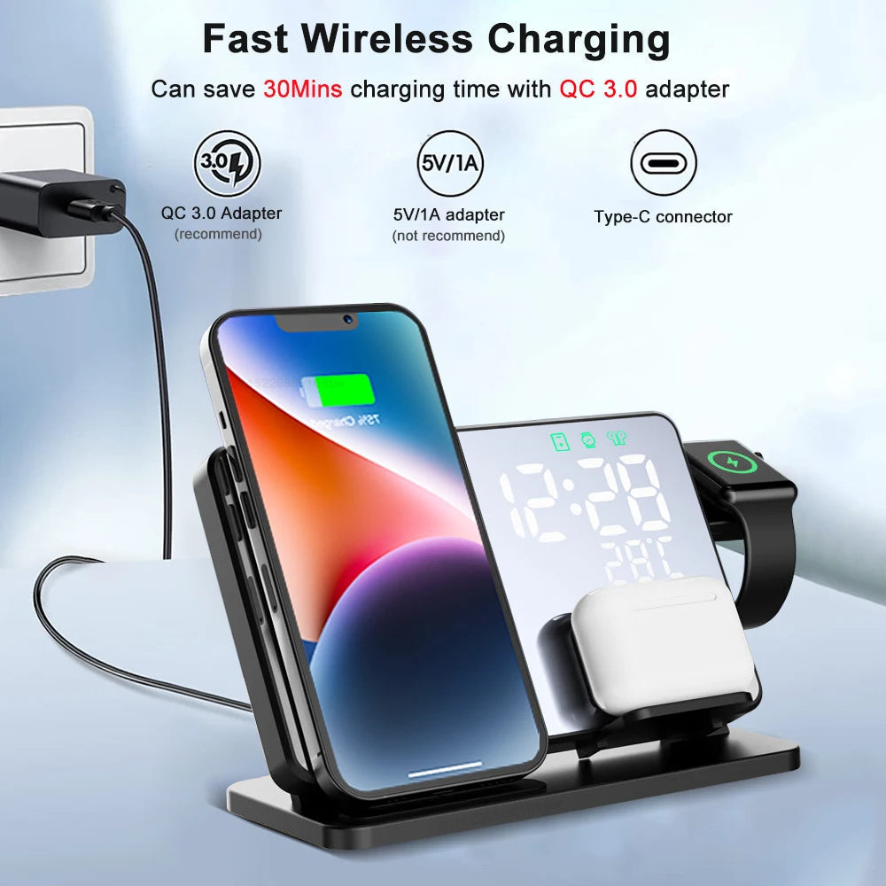 Avtoit | 3-in-1 Quick Charge Station | Premium Wireless Fast Charging Docking Station with Alarm Clock | for Apple iPhone, Watch & AirPods