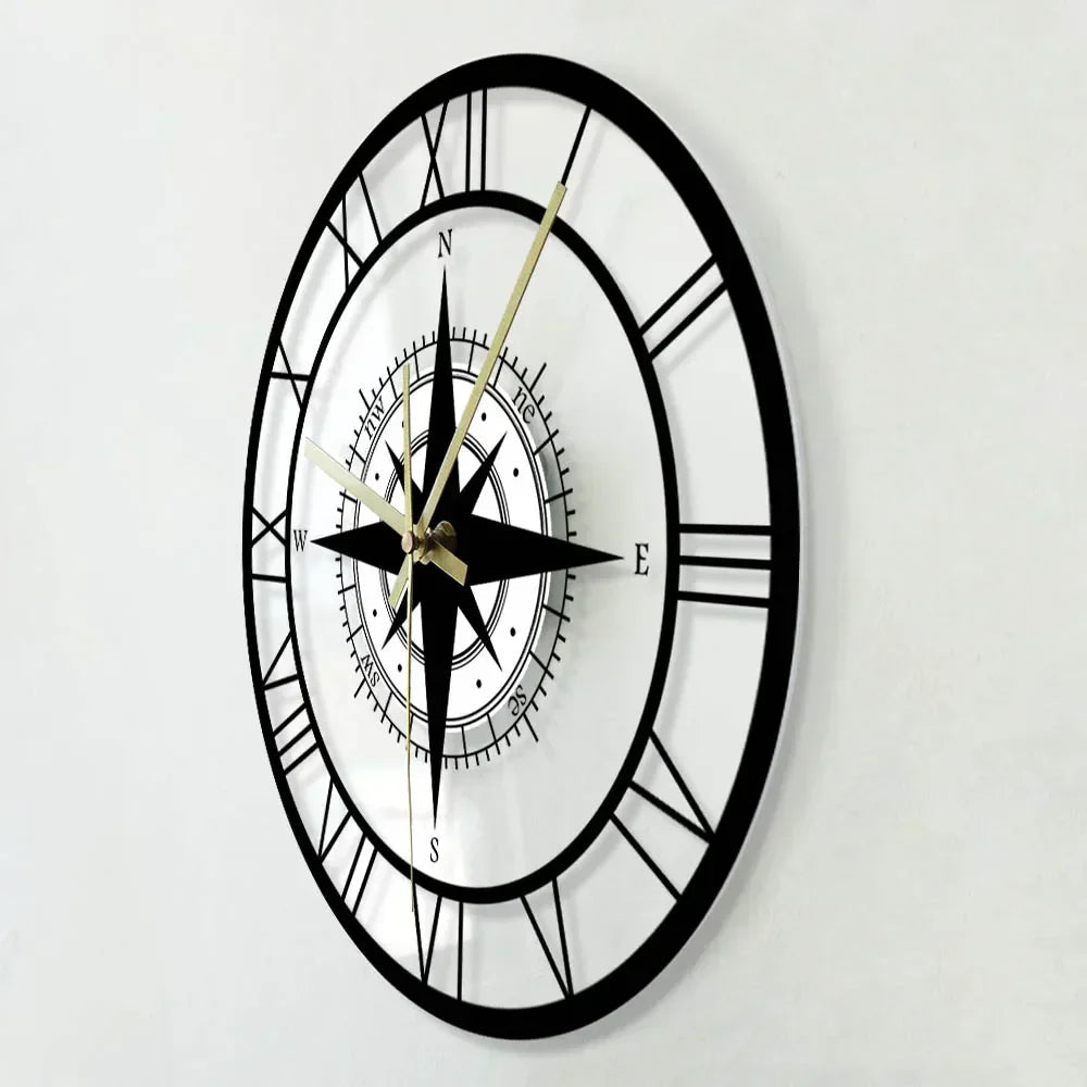 Avtoit | Decorative Silent Wall Clock with Acrylic Compass – Modern Nautical Design