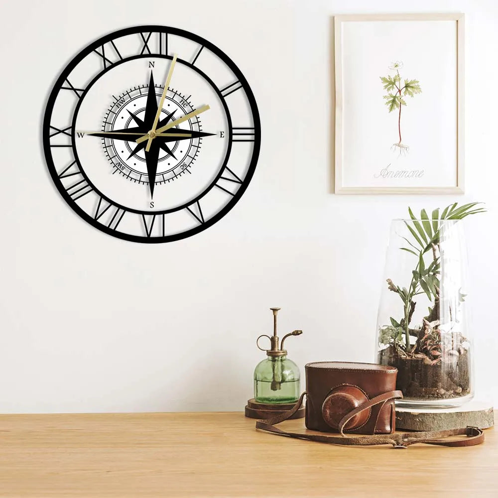 Avtoit | Decorative Silent Wall Clock with Acrylic Compass – Modern Nautical Design