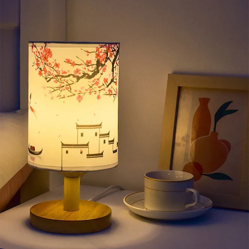 Avtoit | Dimmable LED bedside lamp with fabric shade in plum blossom – Perfect bedroom night lamp