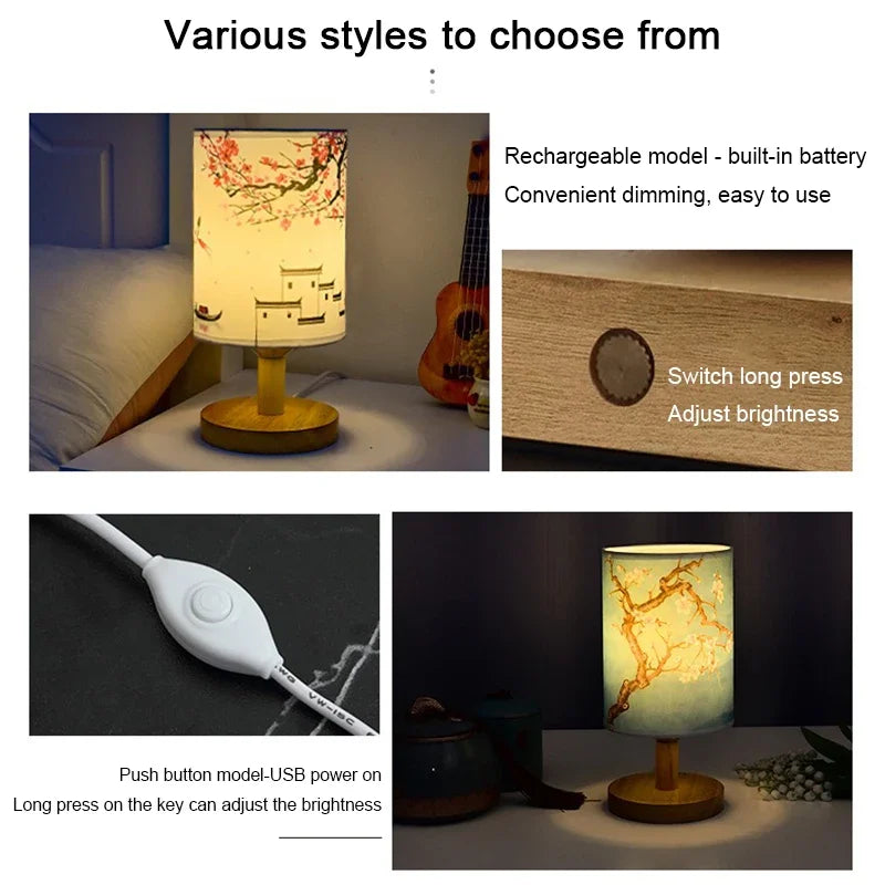 Avtoit | Dimmable LED bedside lamp with fabric shade in plum blossom – Perfect bedroom night lamp