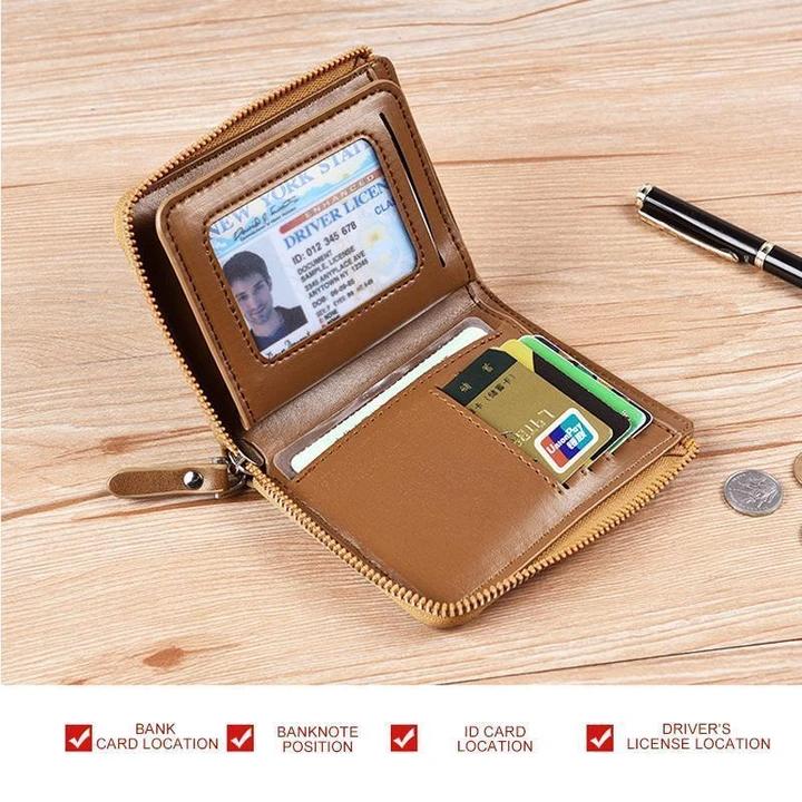 Men's RFID-Blocking Leather Wallet with Zipper Closure