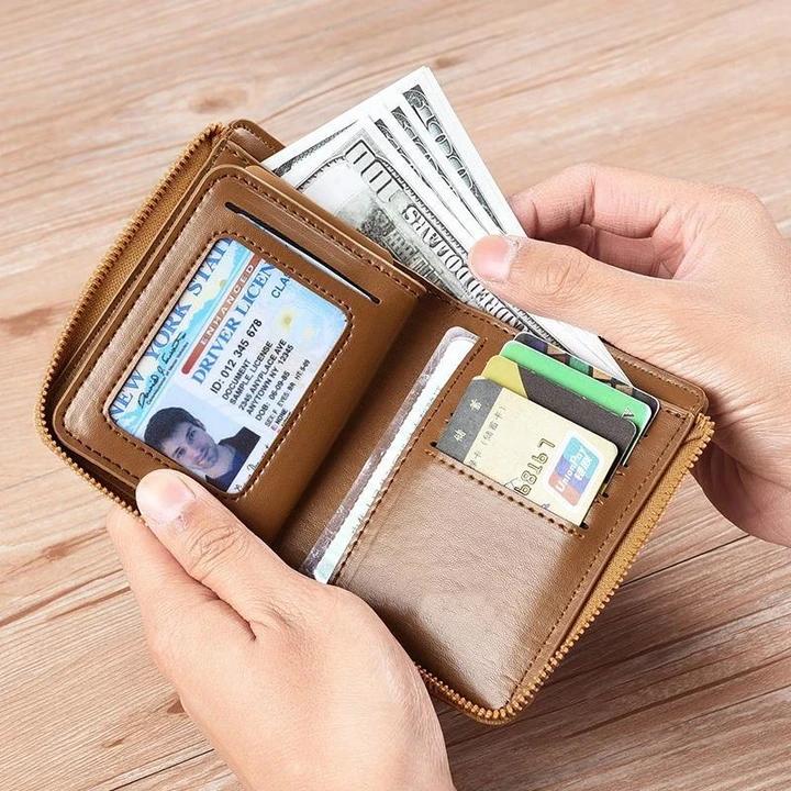 Men's RFID-Blocking Leather Wallet with Zipper Closure