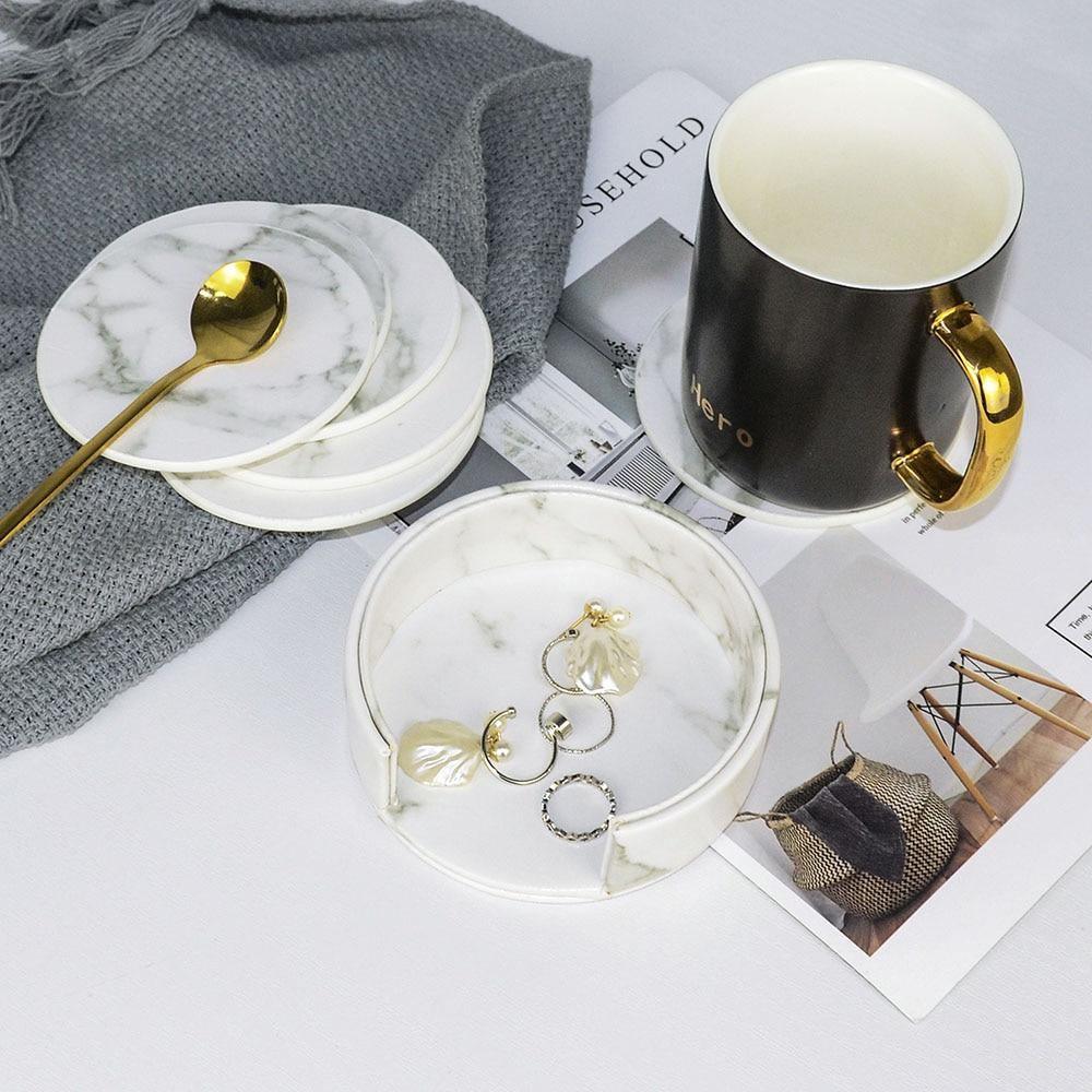 Avtoit | Coastline Vegan Leather Coaster Set | Marble Look | Stylish Protection for Surfaces