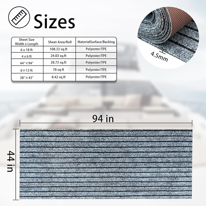 Gray Marine Carpet with Ribbed Non-Slip Surface, 44 × 94 in