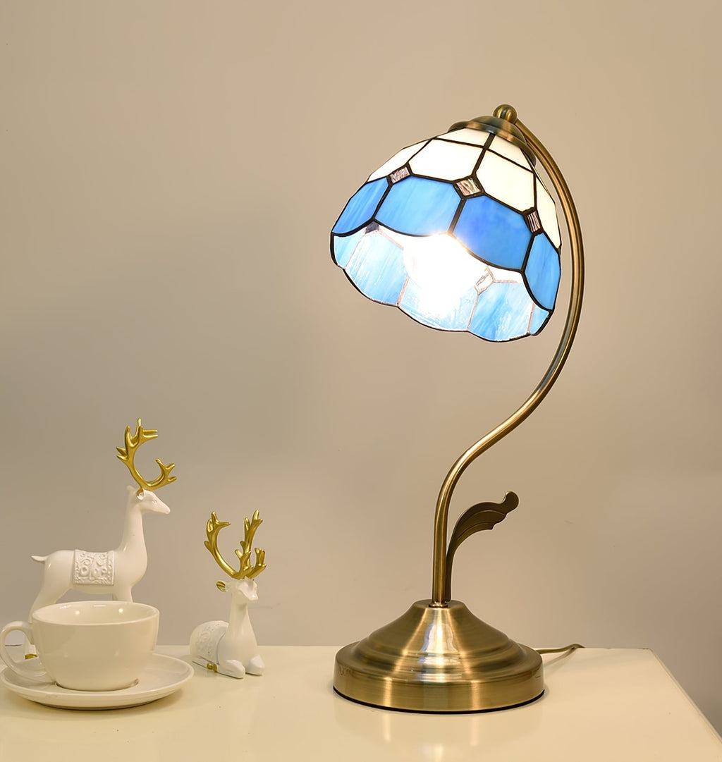Avtoit | LuxePetal – White and Blue Glass Floral Table Lamp in Gold