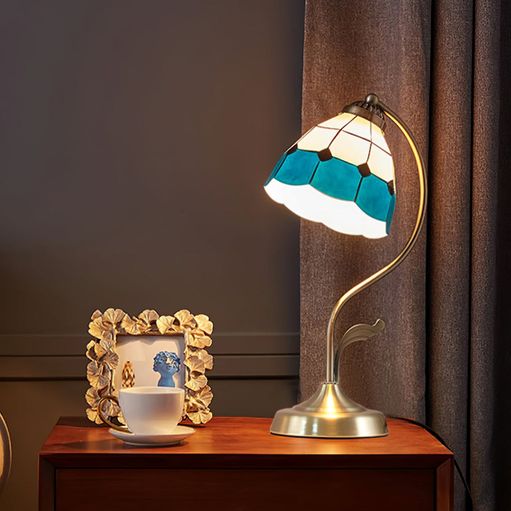 Avtoit | LuxePetal – White and Blue Glass Floral Table Lamp in Gold