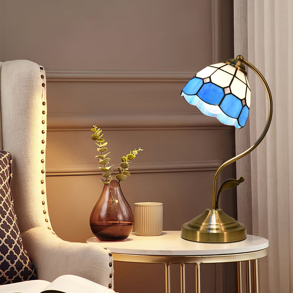 Avtoit | LuxePetal – White and Blue Glass Floral Table Lamp in Gold