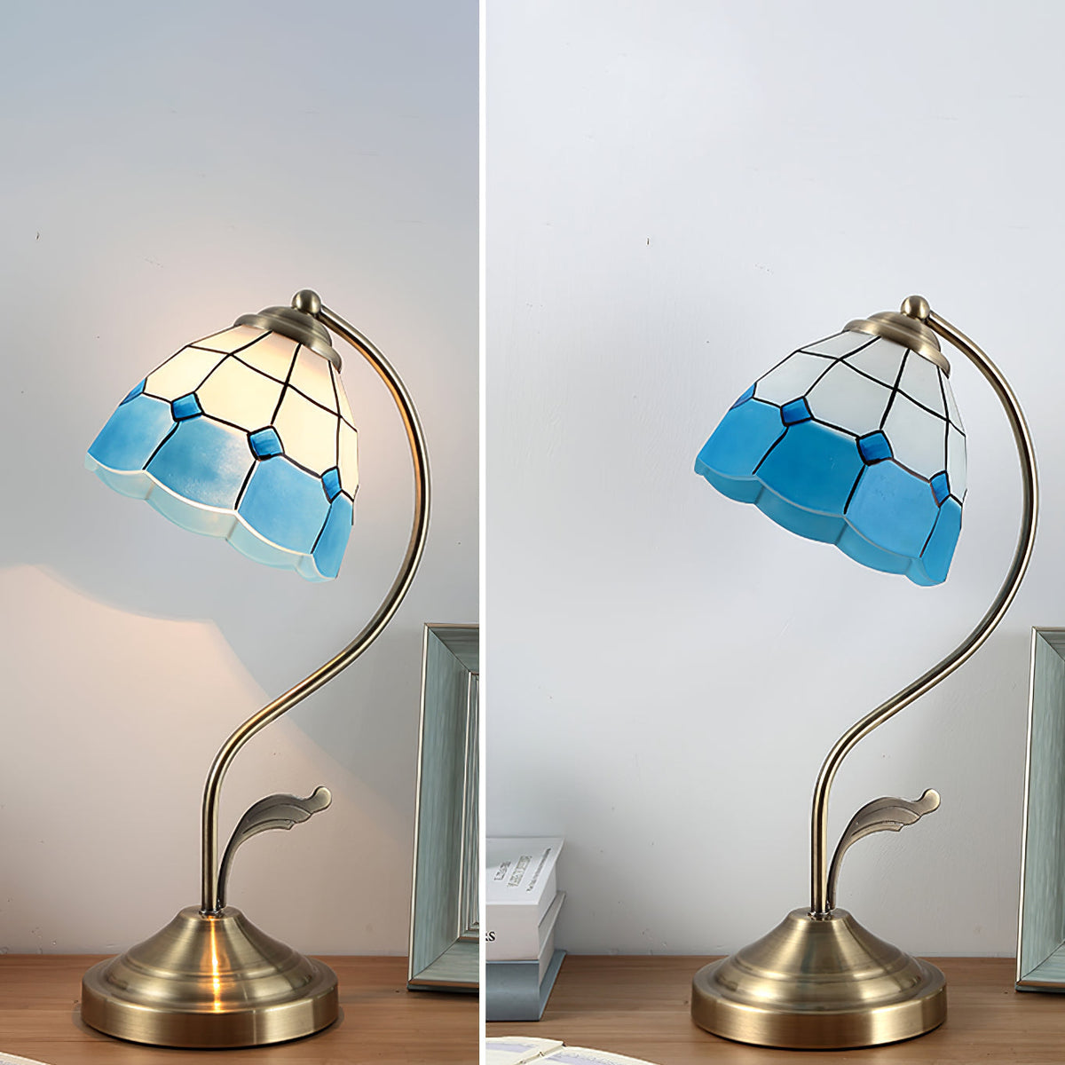Avtoit | LuxePetal – White and Blue Glass Floral Table Lamp in Gold