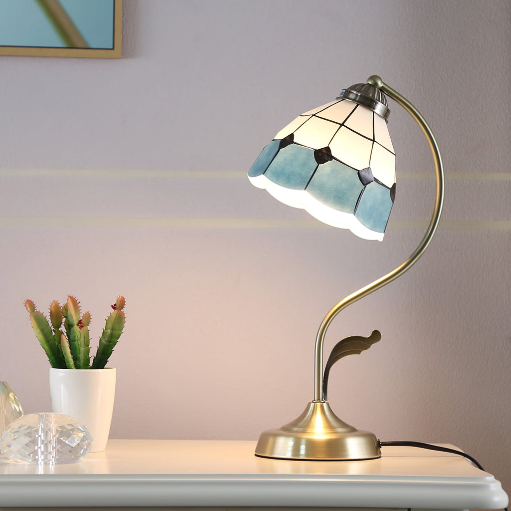 Avtoit | LuxePetal – White and Blue Glass Floral Table Lamp in Gold