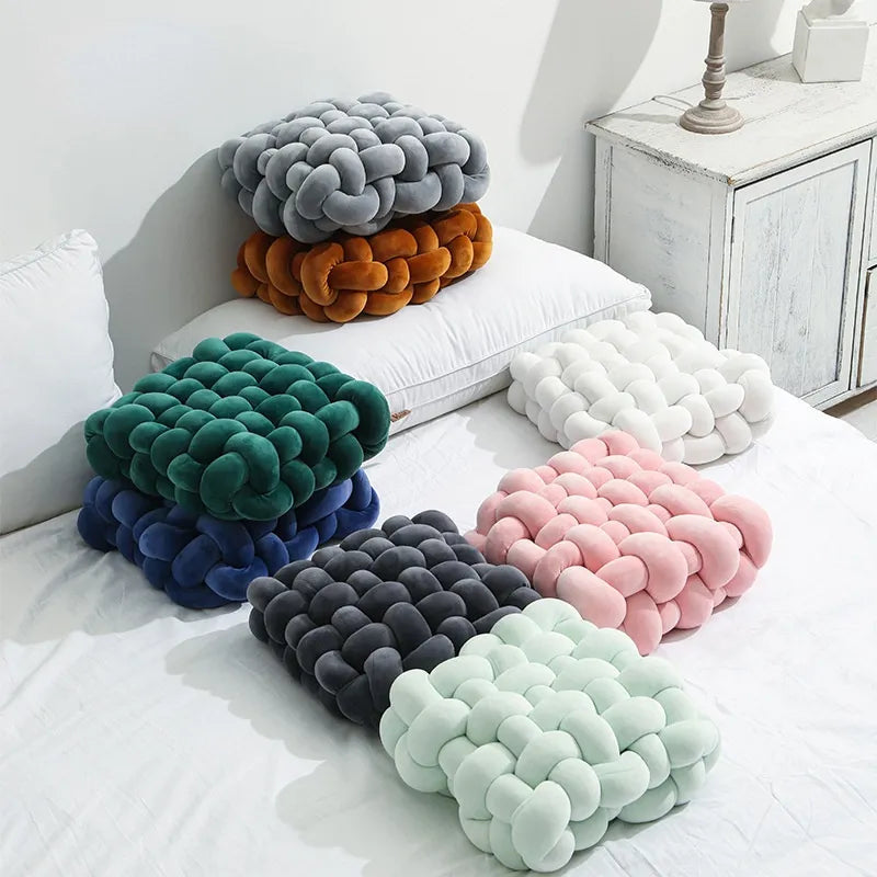 Avtoit | Living Room Soft Plush Knot Pillow Sofa Pillow Solid Color Square Handwoven Home Throw Pillow Square Woven Seat Cushion Pillow
