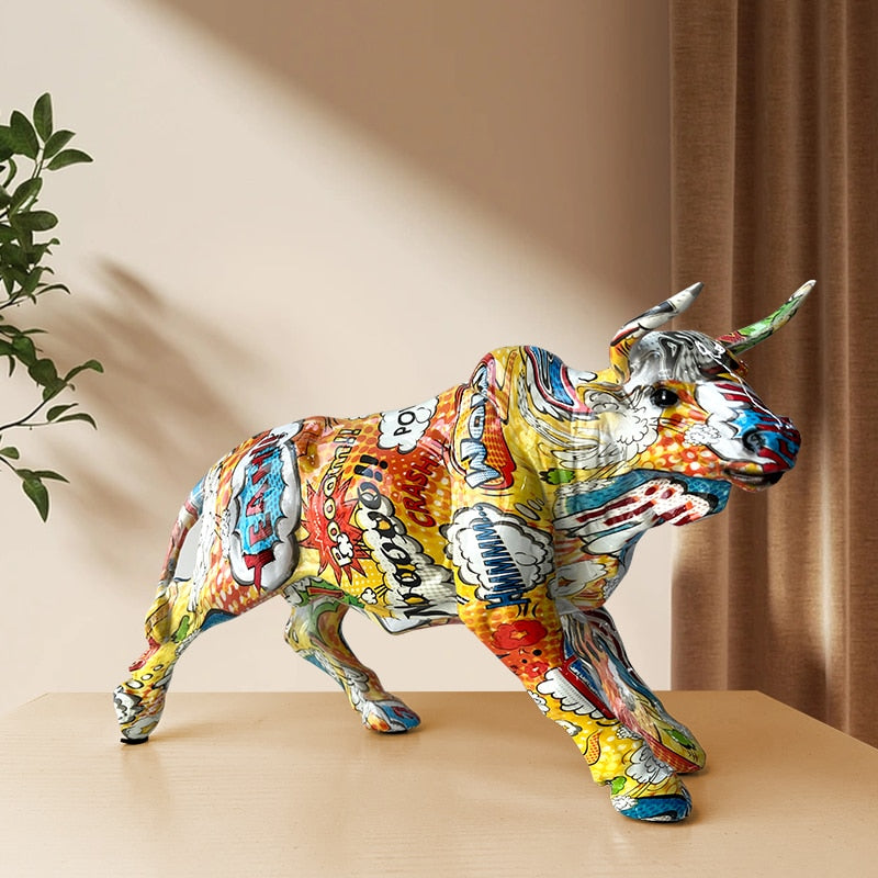 Avtoit | Graffiti-Painting Resin Bull Figures Home Living Room Bedroom Office Desktop Feng Shui Ornaments Collection Statues