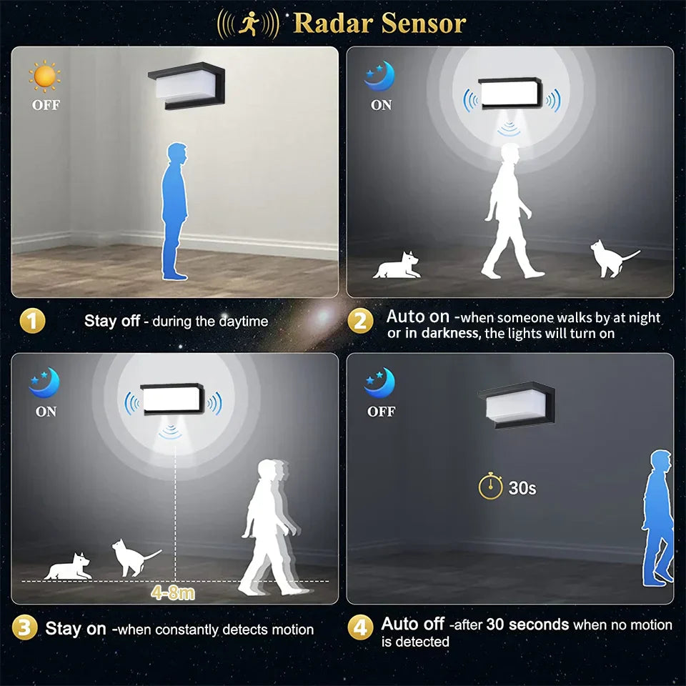 Avtoit | LED wall light with radar motion sensor – 16W waterproof light for indoor and outdoor use, cold and warm white light, AC85-265V