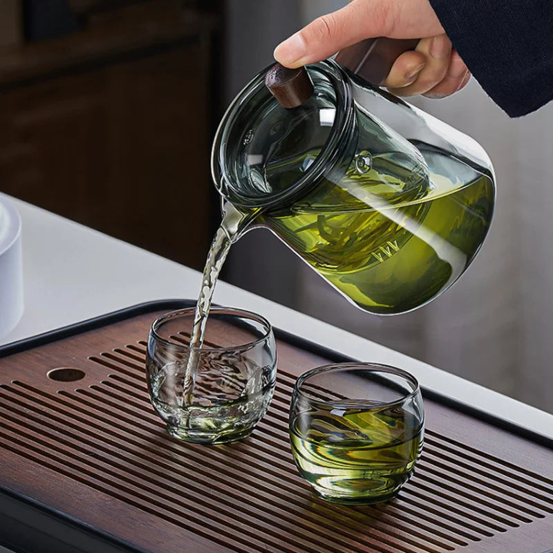 Avtoit | GIANXI Retro Glass Teapot Wood Handle Chinese Tea Ceremony Transparent Teawear Set Cup Filter High Boron Silicon Pot  530ML