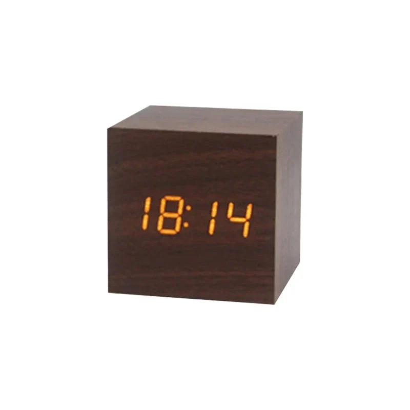 Wood LED Alarm Clock with Temperature Display and Sound-Activated Screen