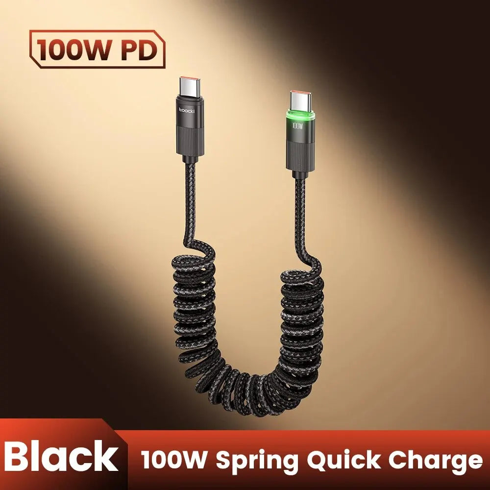 Avtoit | PowerLinx USB-C Cable | 100W Fast Charging | Spiral Cable with LED | 1.8m Stretchable & Durable