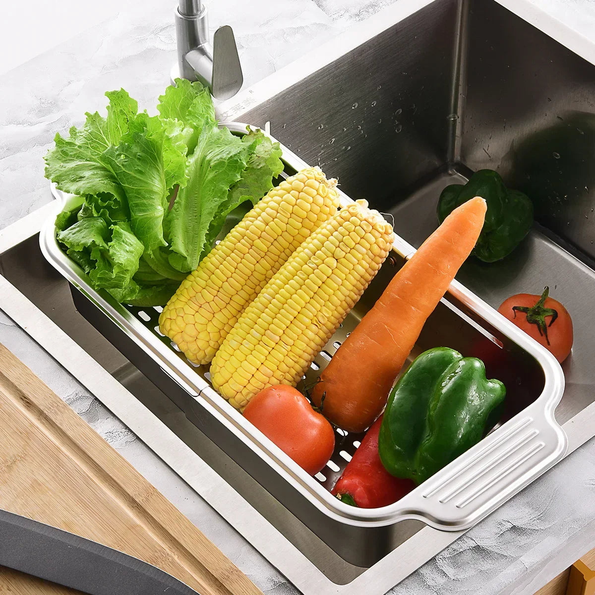 Avtoit | Retractable Over Sink Stainless Steel Vegetable Drain Basket