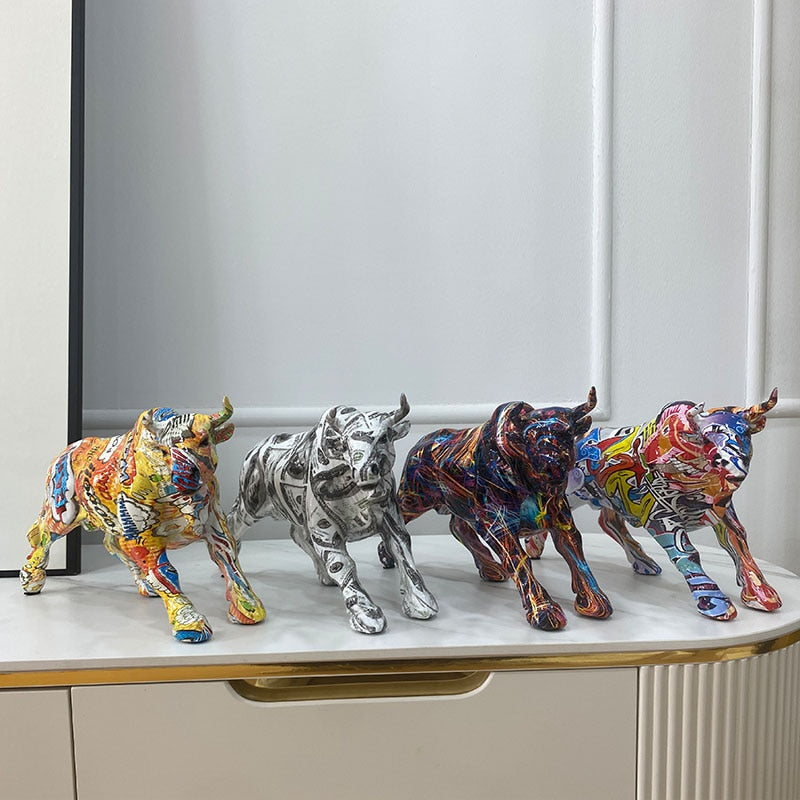 Avtoit | Graffiti-Painting Resin Bull Figures Home Living Room Bedroom Office Desktop Feng Shui Ornaments Collection Statues