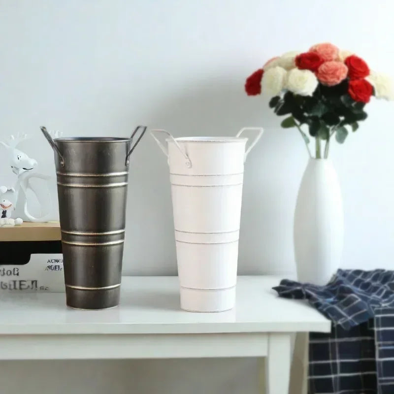Avtoit | Retro Iron Flower Bucket with Handles – Decorative Metal Flower Pot for Home