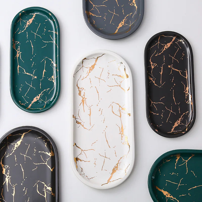 Avtoit | Nordic Ins Ceramic Marble Oval Tray Jewelry Storage Tray Accessories Soap Holder Golden Wave Bathroom Cup Bath Decoration