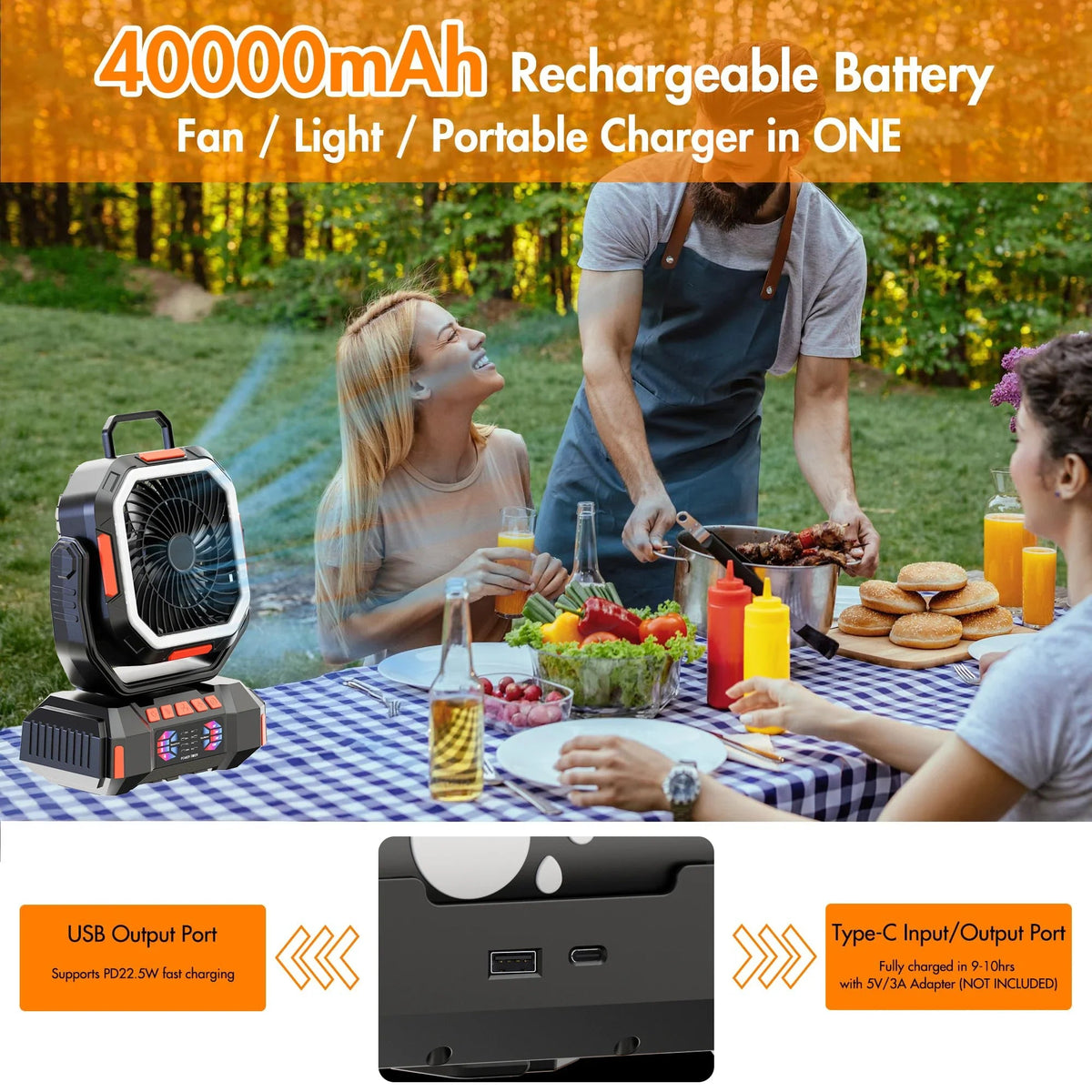 Avtoit | Rechargeable Camping Fan with 40000mAh Battery & LED Lantern – F22