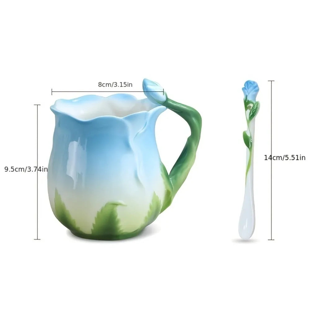 Avtoit | 3D Rose Flower Coffee Mug Ceramic Coffee Mugs Cute Aesthetic Water Cups with Spoon Summer Winter Drinking Utensils Valentine's Day Gifts