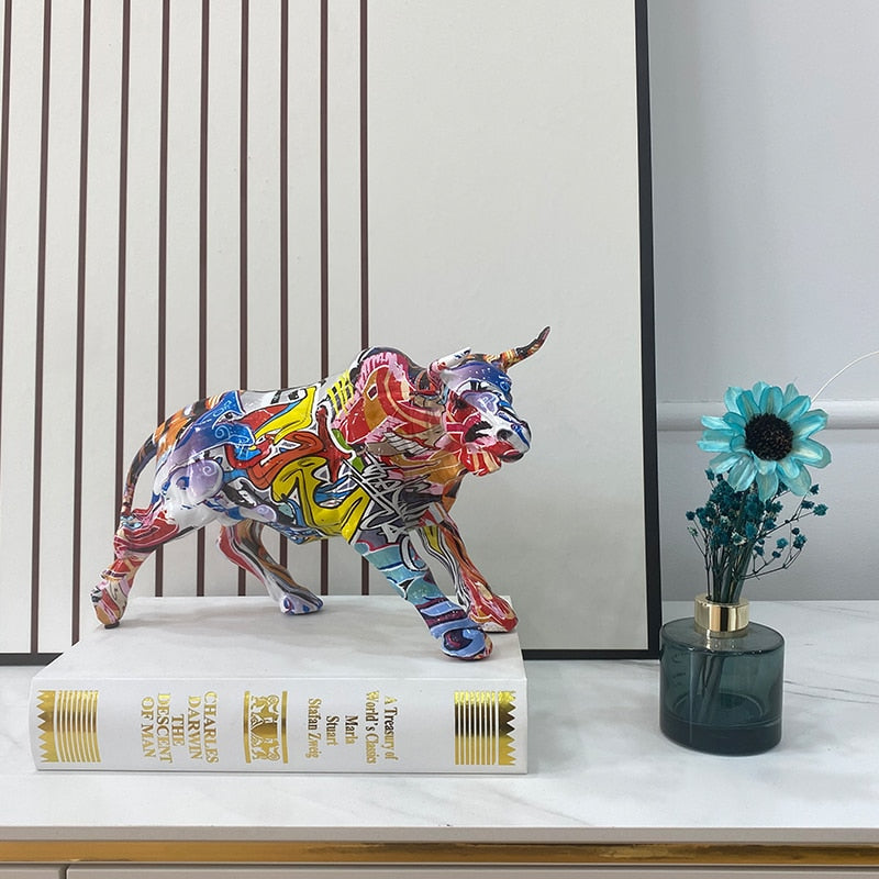 Avtoit | Graffiti-Painting Resin Bull Figures Home Living Room Bedroom Office Desktop Feng Shui Ornaments Collection Statues