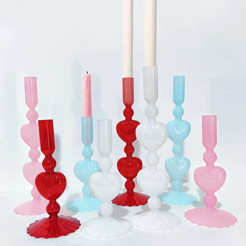 Avtoit | Retro Taper Candle Holder Red Heart Shape Glass Candle Holder Wedding Table Decoration Home Party Glass Vase Decor