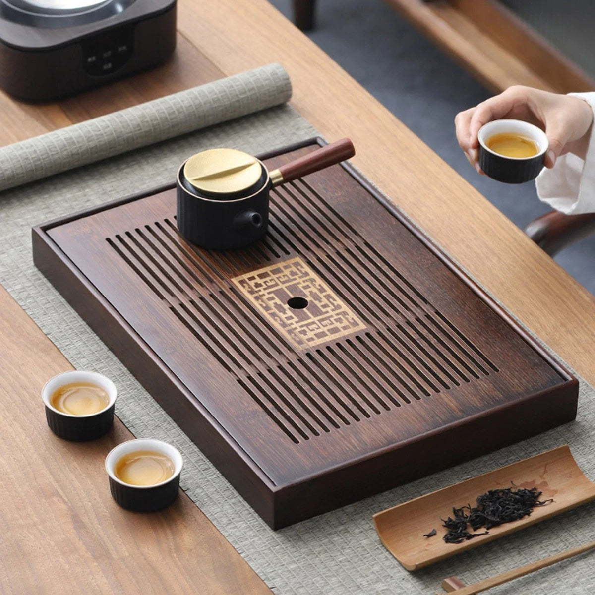 Avtoit | Chinese Tea Tray with Water Storage Box Durable Simple Drainage Type Plate Tea Serving Tray for Teahouse Home Household Office