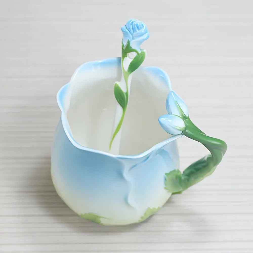 Avtoit | 3D Rose Flower Coffee Mug Ceramic Coffee Mugs Cute Aesthetic Water Cups with Spoon Summer Winter Drinking Utensils Valentine's Day Gifts