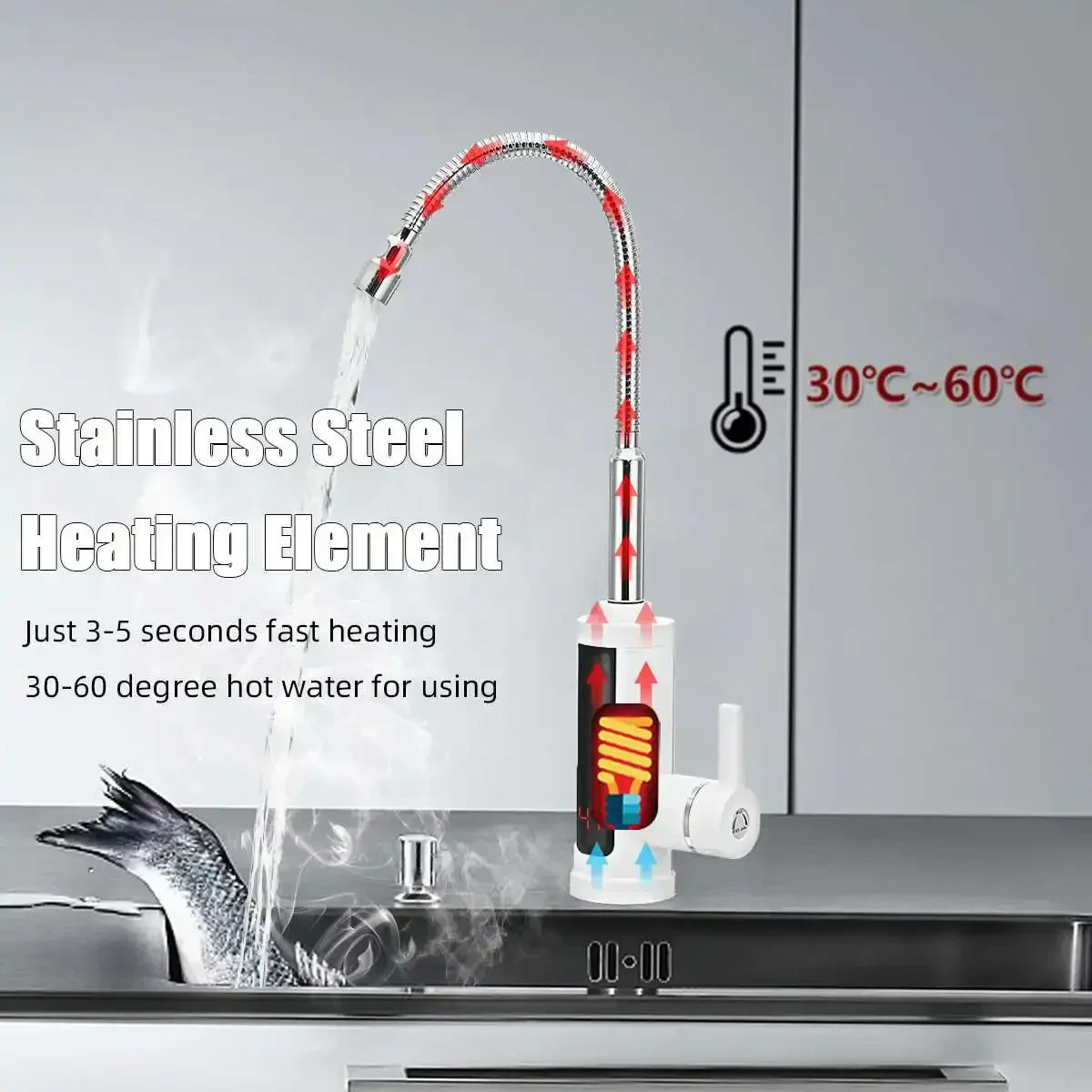 Electric Kitchen Faucet with Instant Hot Water, 3000W, 30-60°C