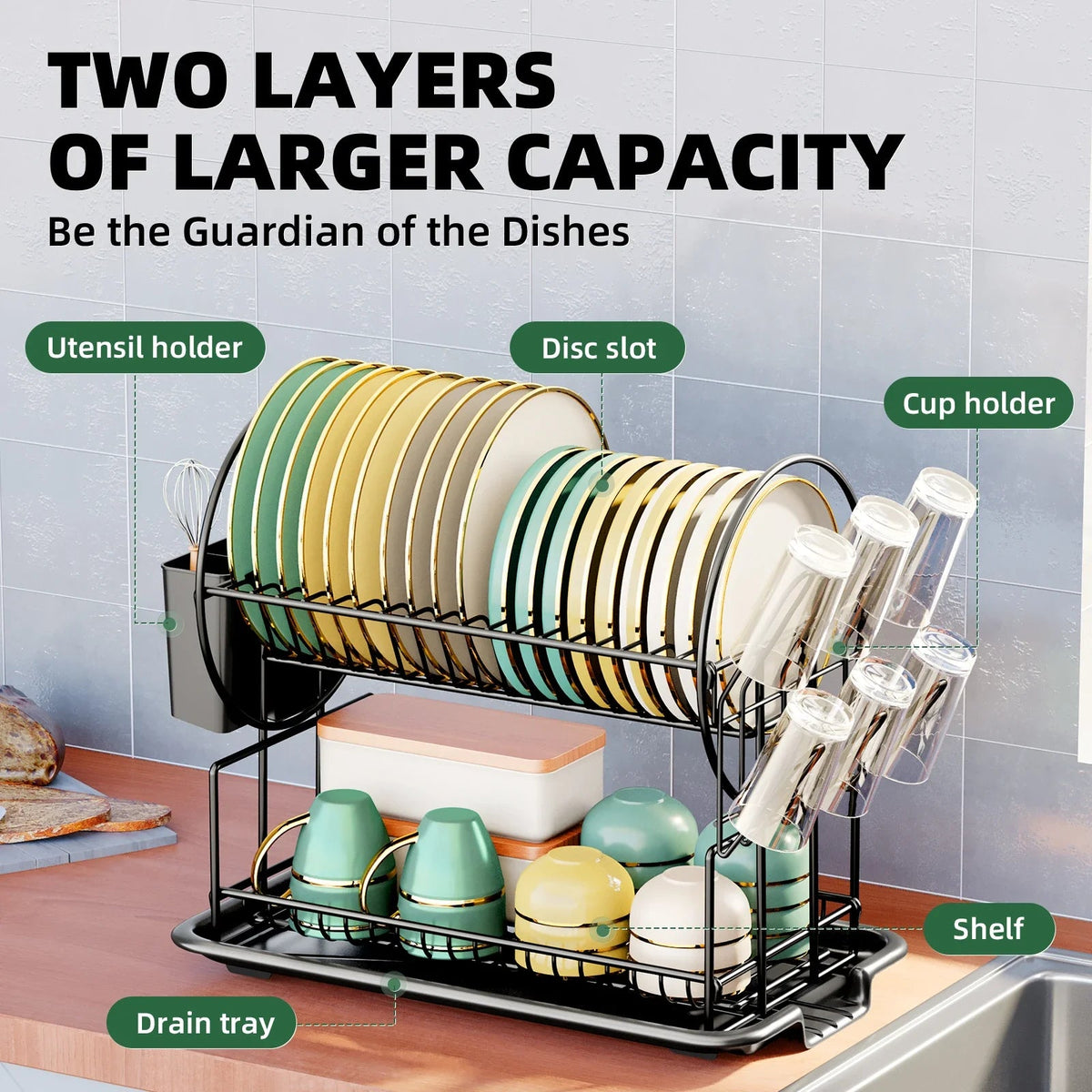 Avtoit | 2-Tier Dish Drying Rack with Drainboard & Cutlery Holder – Aria