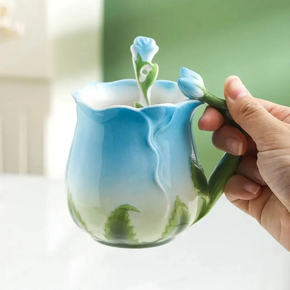 Avtoit | 3D Rose Flower Coffee Mug Ceramic Coffee Mugs Cute Aesthetic Water Cups with Spoon Summer Winter Drinking Utensils Valentine's Day Gifts