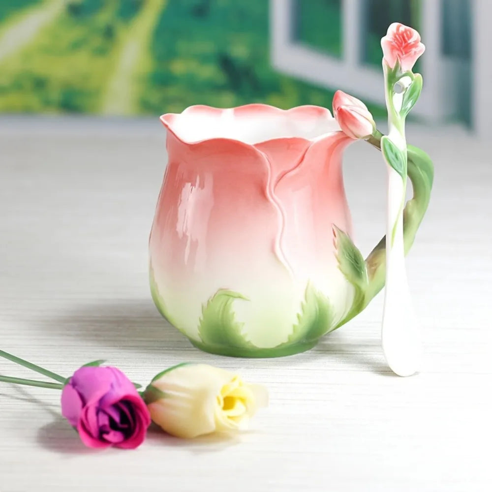 Avtoit | 3D Rose Flower Coffee Mug Ceramic Coffee Mugs Cute Aesthetic Water Cups with Spoon Summer Winter Drinking Utensils Valentine's Day Gifts