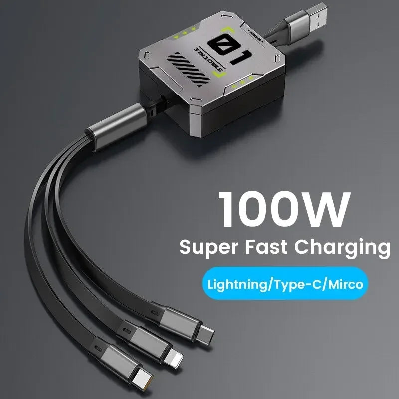 Avtoit | TriConnect charging cable | 3-in-1 & retractable | 100W fast charging | for iPhone & Android