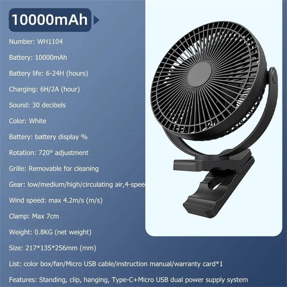 Avtoit | AerisClip Battery Fan | 360° Rotation | 10000mAh | With Clip & USB-C
