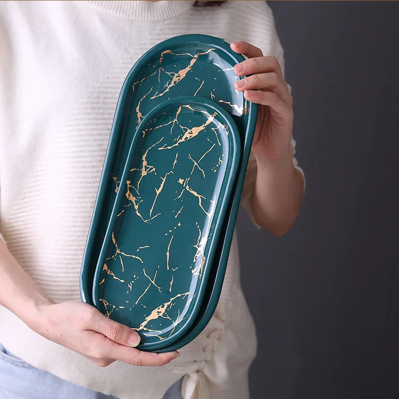 Avtoit | Nordic Ins Ceramic Marble Oval Tray Jewelry Storage Tray Accessories Soap Holder Golden Wave Bathroom Cup Bath Decoration
