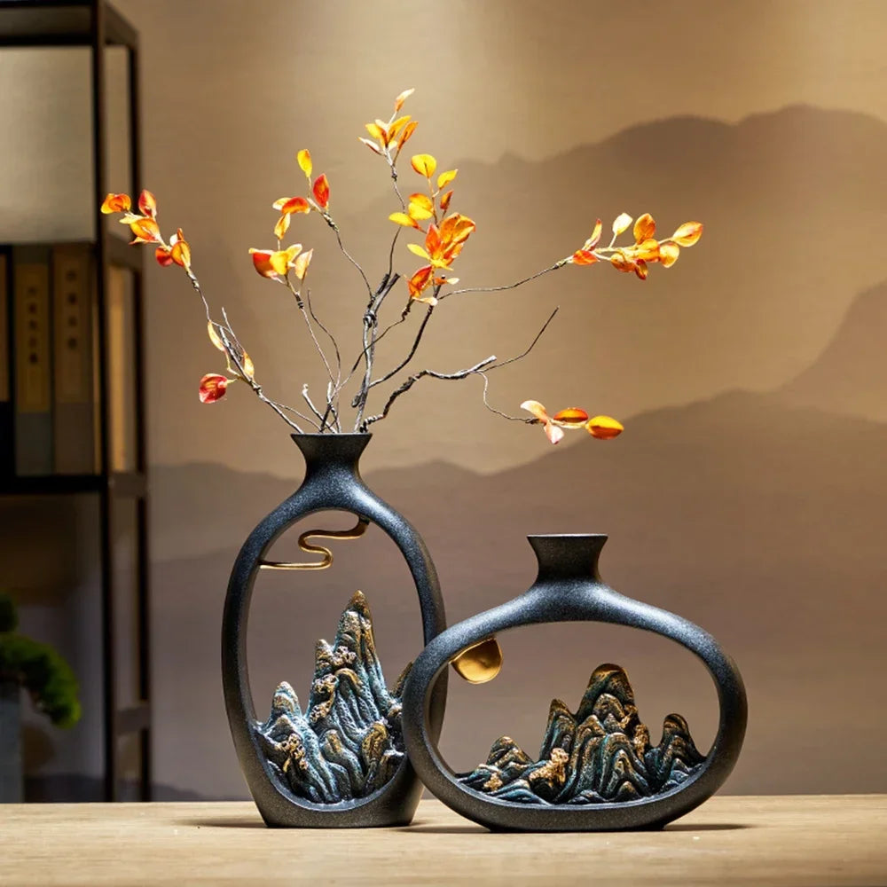 Avtoit | TranquilPeak – Artistic Ceramic Mountain Landscape Vase | Elegant Black Interior Decor