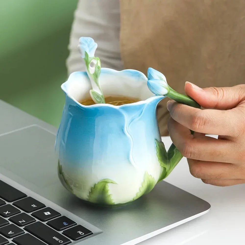 Avtoit | 3D Rose Flower Coffee Mug Ceramic Coffee Mugs Cute Aesthetic Water Cups with Spoon Summer Winter Drinking Utensils Valentine's Day Gifts
