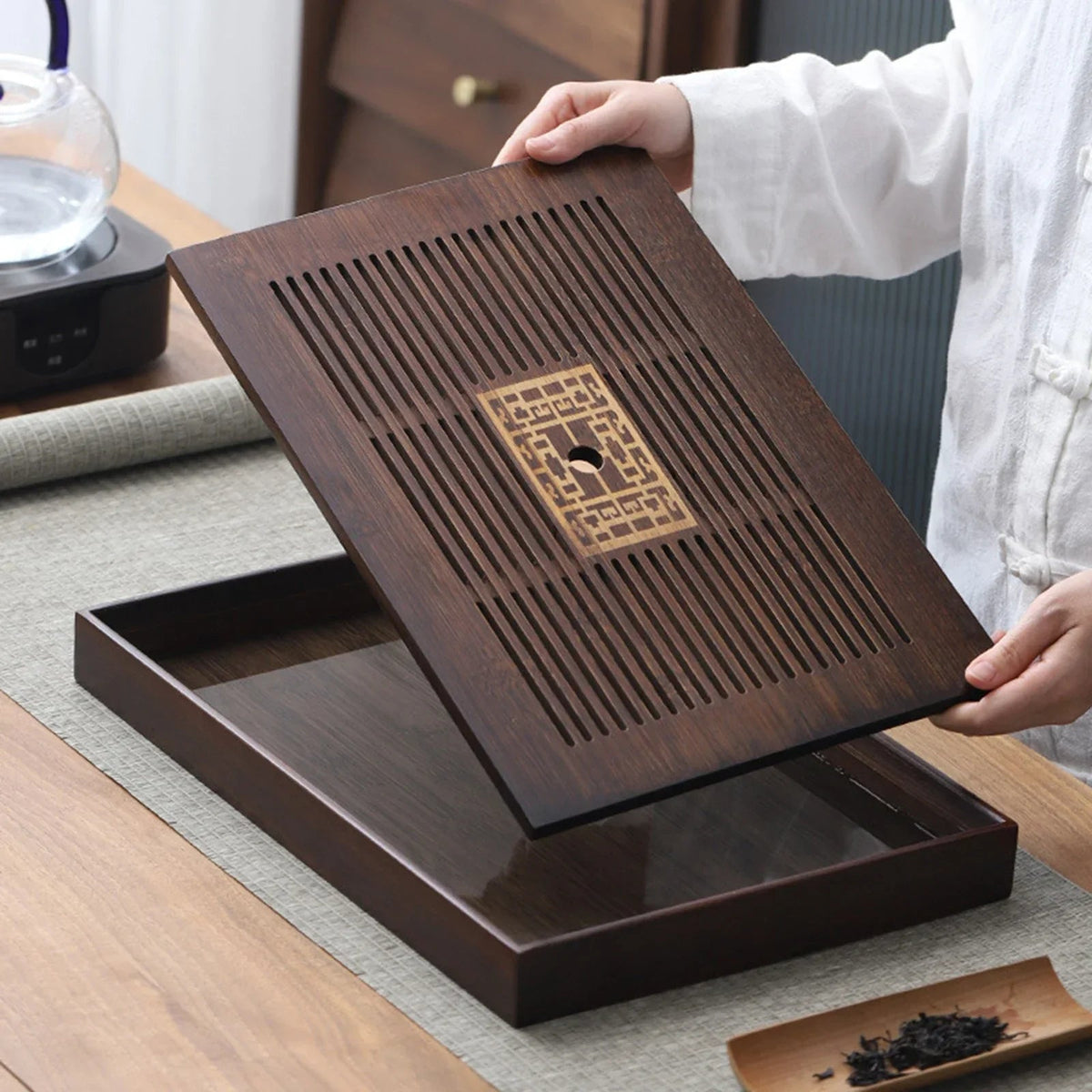 Avtoit | Chinese Tea Tray with Water Storage Box Durable Simple Drainage Type Plate Tea Serving Tray for Teahouse Home Household Office