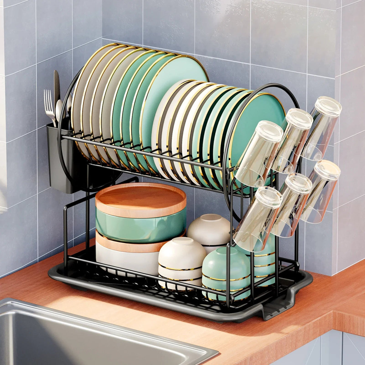 Avtoit | 2-Tier Dish Drying Rack with Drainboard & Cutlery Holder – Aria