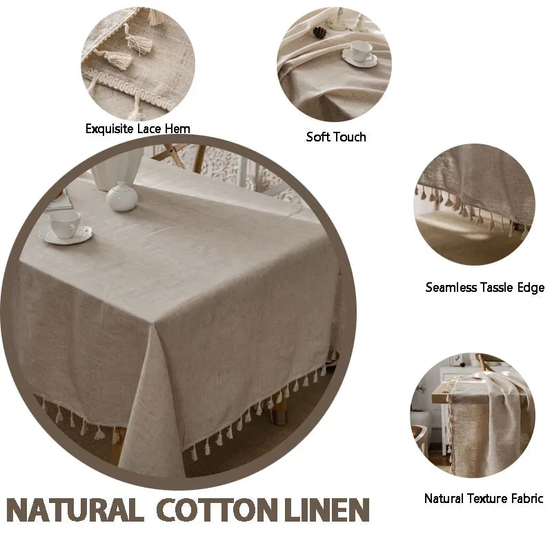 Avtoit | 2023 Cotton-Linen Tablecloth with Tassels, Rectangular Tablecloth for Dining Table, Coffee-Tea Tablecloths, Wedding Easter Decoration