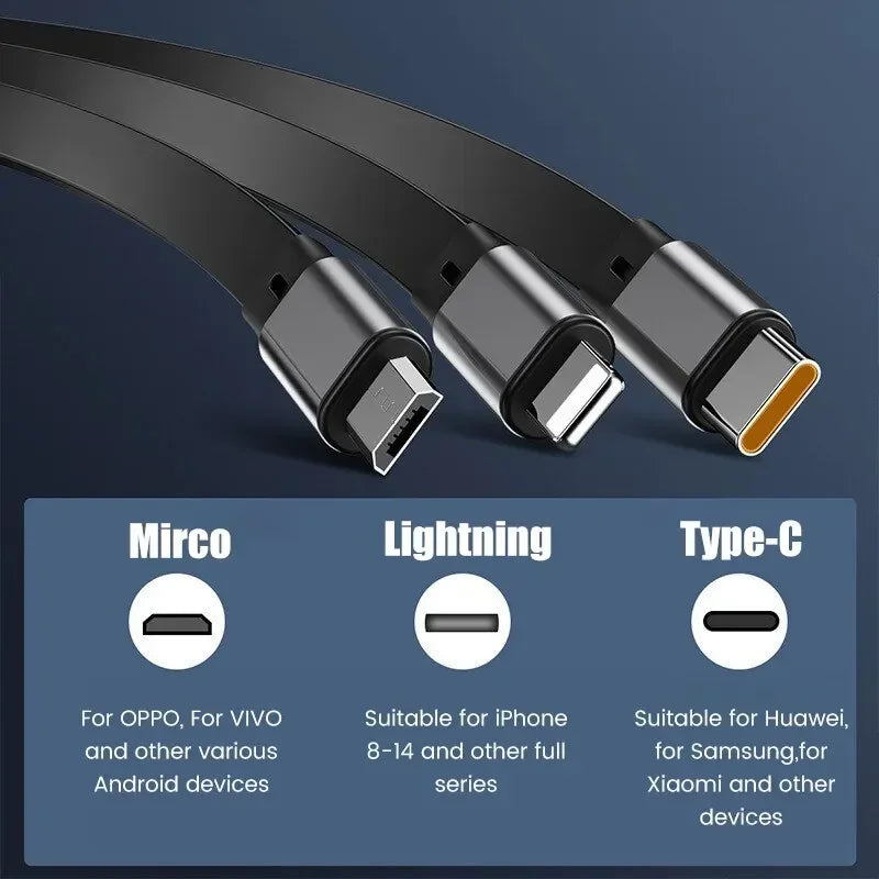 Avtoit | TriConnect charging cable | 3-in-1 & retractable | 100W fast charging | for iPhone & Android