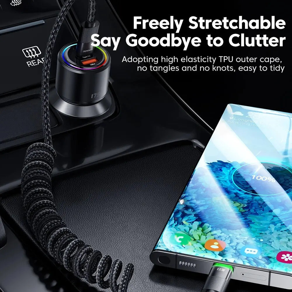 Avtoit | PowerLinx USB-C Cable | 100W Fast Charging | Spiral Cable with LED | 1.8m Stretchable & Durable