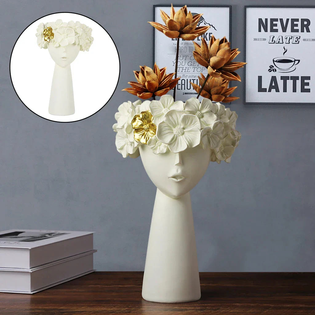 Avtoit | Nordic Girl Head Flower Resin Vase Statue Flower Vases for Office Desktop Dried Flowers Ornaments Decor Container